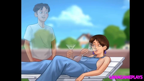 La veuve momie dans Summertime Saga apprécie un massage sensuel des seins