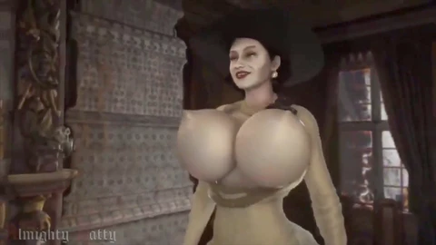 Busty Dimitrescu's Enormous Breasts bounce dramatically while she strolls