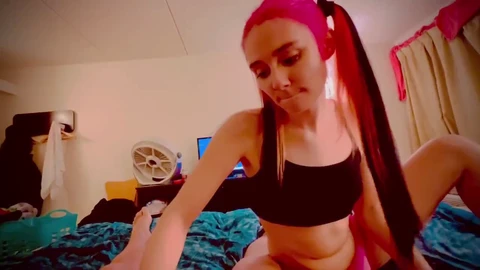 Redhead pigtails, fit, vibrator orgasm